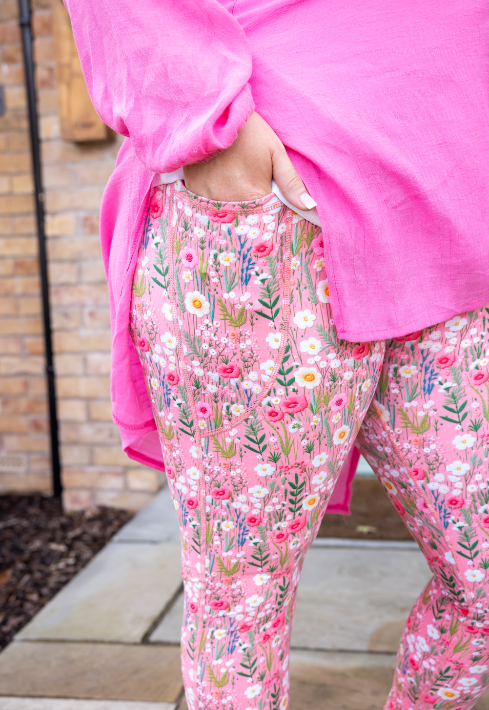 Candy Pink Embroidery Print 2 Pocket Full Leggings - Love Lissie